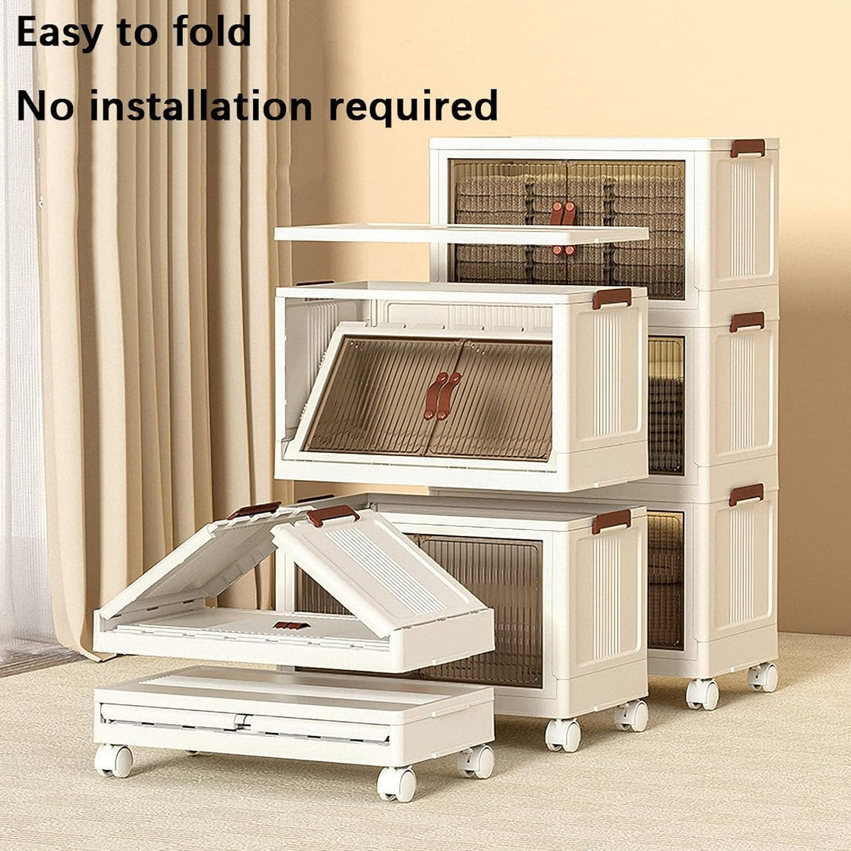 Plastic Storage Bins, 5-Tier Cabinet with Lids, Stackable Storage Containers with Magnetic Doors & Wheels, Foldable for Home Living Room Office Closet