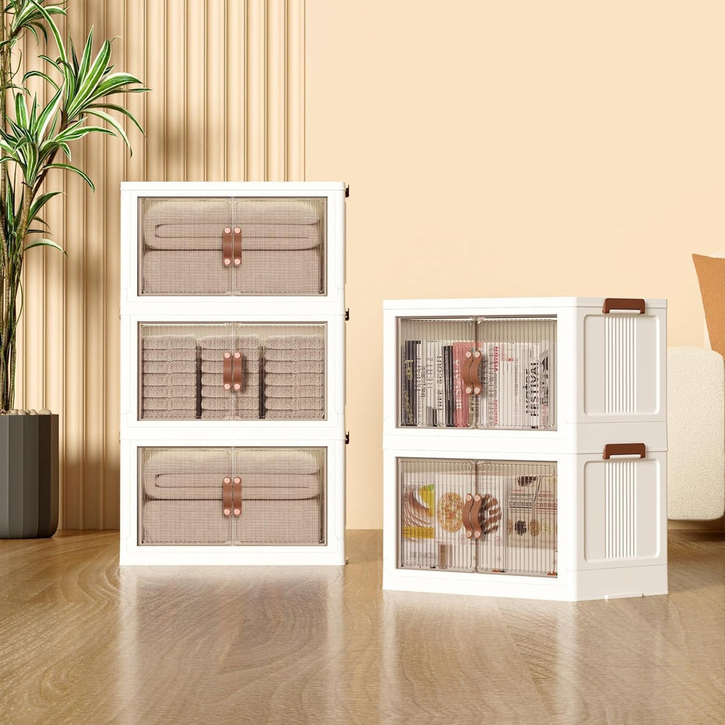 Plastic Storage Bins, 5-Tier Cabinet with Lids, Stackable Storage Containers with Magnetic Doors & Wheels, Foldable for Home Living Room Office Closet