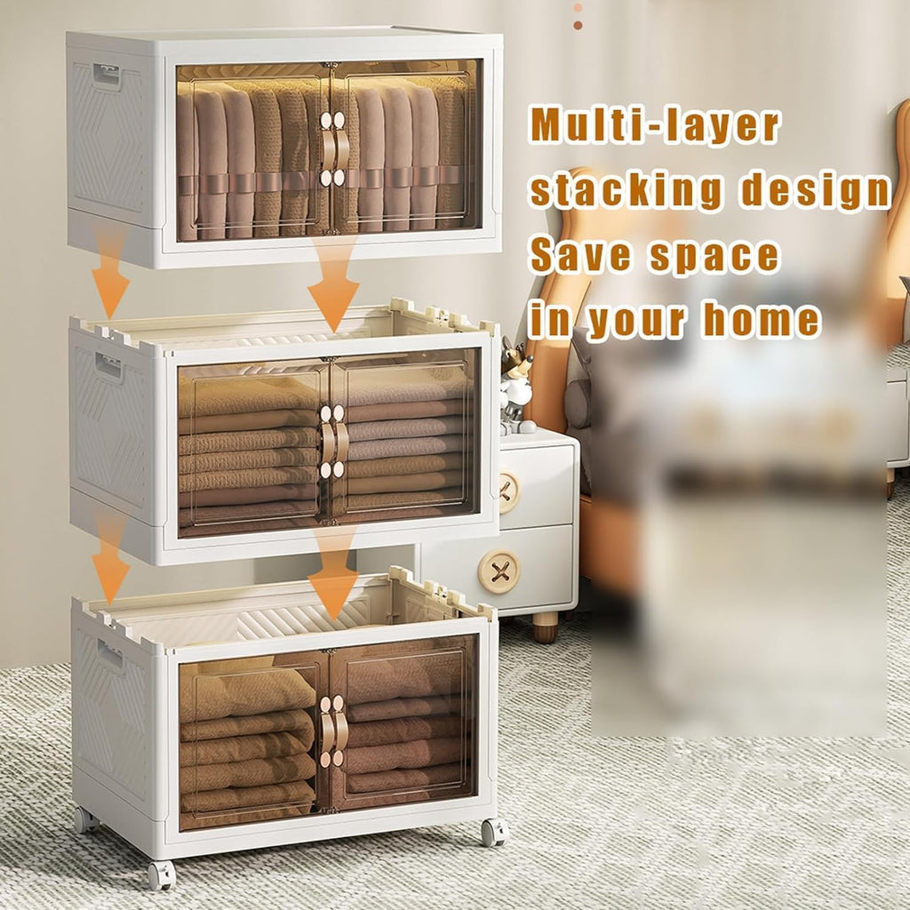 Plastic Storage Bins, 5-Tier Cabinet with Lids, Stackable Storage Containers with Magnetic Doors & Wheels, Foldable for Home Living Room Office Closet