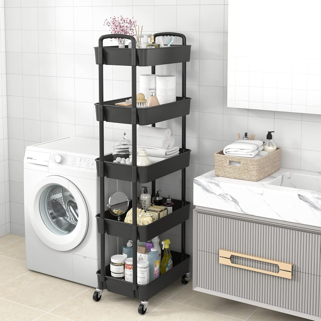 5-Tier Plastic Rolling Utility Cart with Handle, Multi-Functional Storage Trolley for Office, Living Room, Kitchen