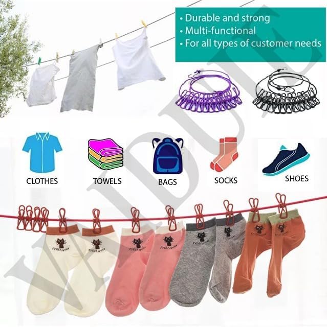 Stretchable Clothes line with 12 Clips Drying Clothesline Hanger Steel Rope
