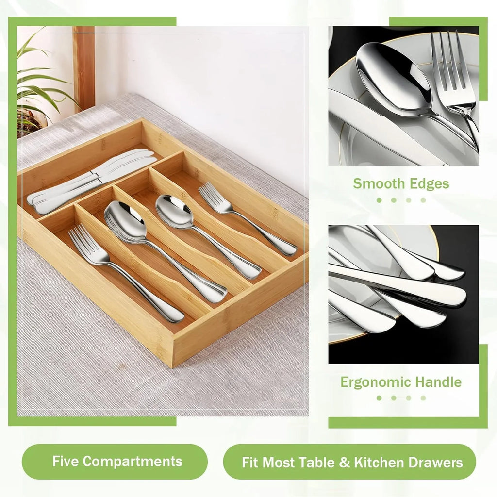 5 Compartment Bamboo Cutlery Tray, Kitchen Drawer Utensils Holder, Wooden Knife Fork Spoon Organizer Case