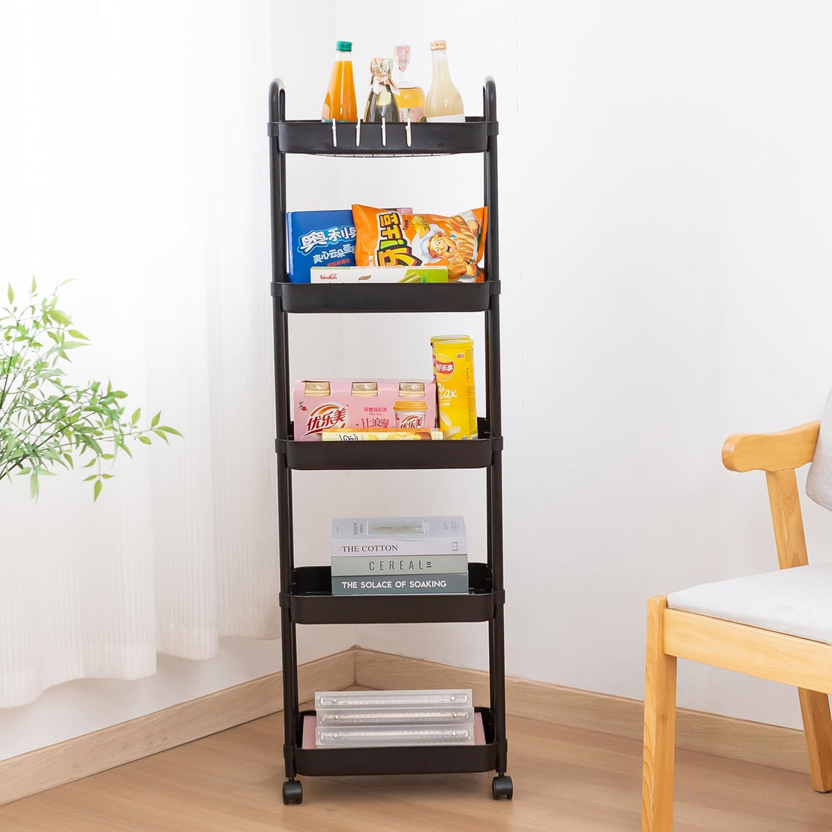 5 Tier Rolling Cart with Wheels and Handle Rolling Storage Cart for Office, Living Room, Laundry Room, Kitchen, Bathroom (Black)
