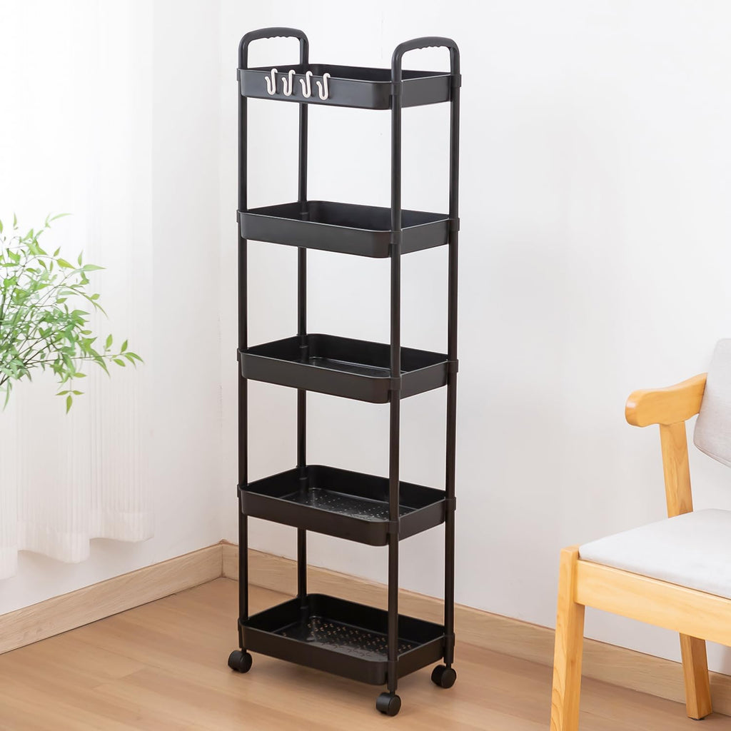 5 Tier Rolling Cart with Wheels and Handle Rolling Storage Cart for Office, Living Room, Laundry Room, Kitchen, Bathroom (Black)
