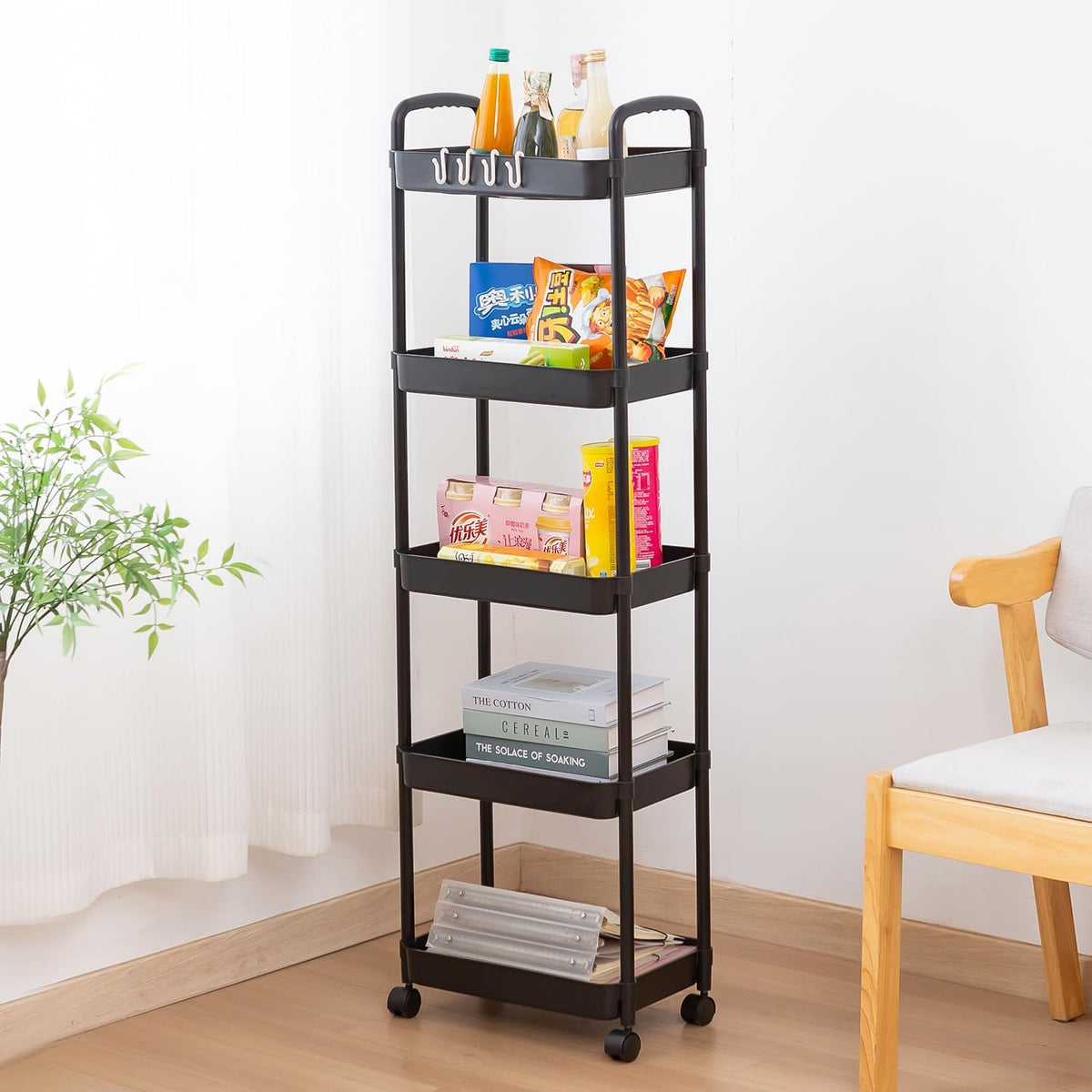 5 Tier Rolling Cart with Wheels and Handle Rolling Storage Cart for Office, Living Room, Laundry Room, Kitchen, Bathroom (Black)