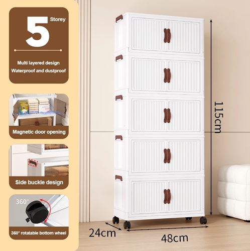 Stackable Storage Bins with Lids, 5 Tier Plastic Storage Cabinets Closet Organizers with Doors, Folding Storage Boxes for Home Kitchen Dorm