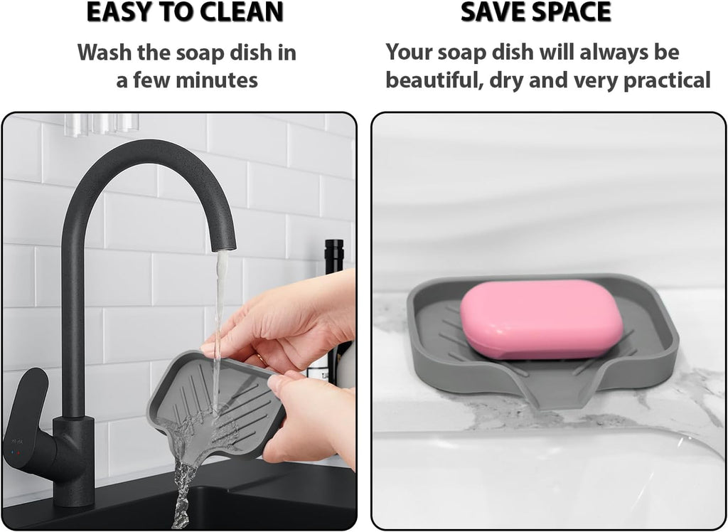 Silicone Soap Dish & Kitchen Soap Tray, Self Draining Soap Dish, Durable Rubber Soap Dish with Drainage