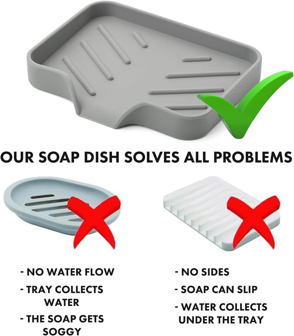 Silicone Soap Dish & Kitchen Soap Tray, Self Draining Soap Dish, Durable Rubber Soap Dish with Drainage