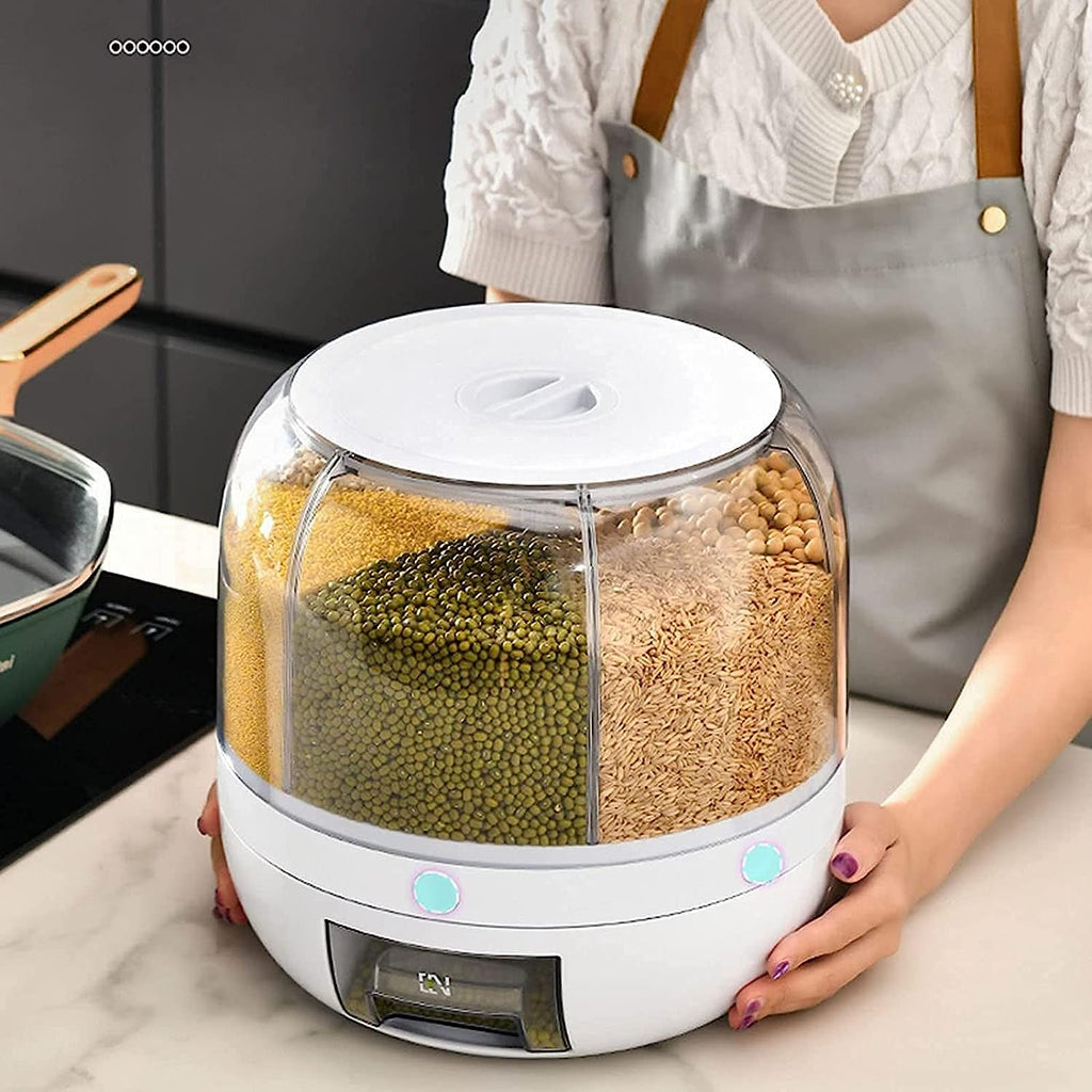 Cereal Rice Bucket Dispenser 6 Grid 360° Rotating Waterproof And Moisture-Proof Rice Storage Box For Kitchen, White