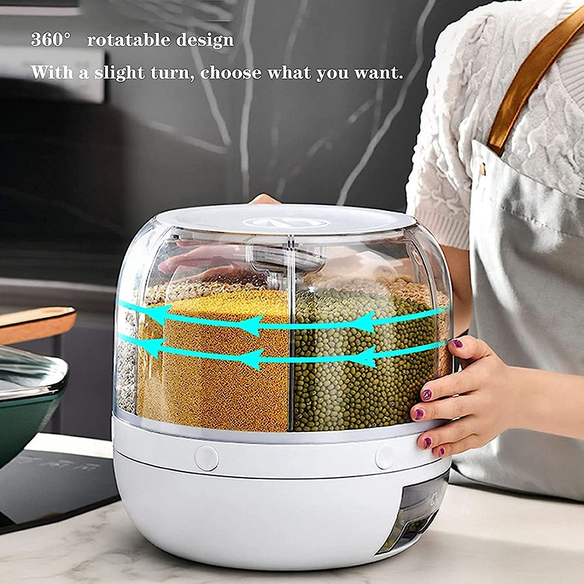 Cereal Rice Bucket Dispenser 6 Grid 360° Rotating Waterproof And Moisture-Proof Rice Storage Box For Kitchen, White