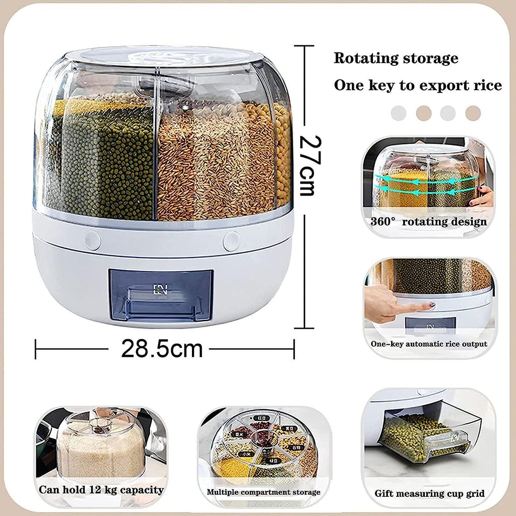 Cereal Rice Bucket Dispenser 6 Grid 360° Rotating Waterproof And Moisture-Proof Rice Storage Box For Kitchen, White