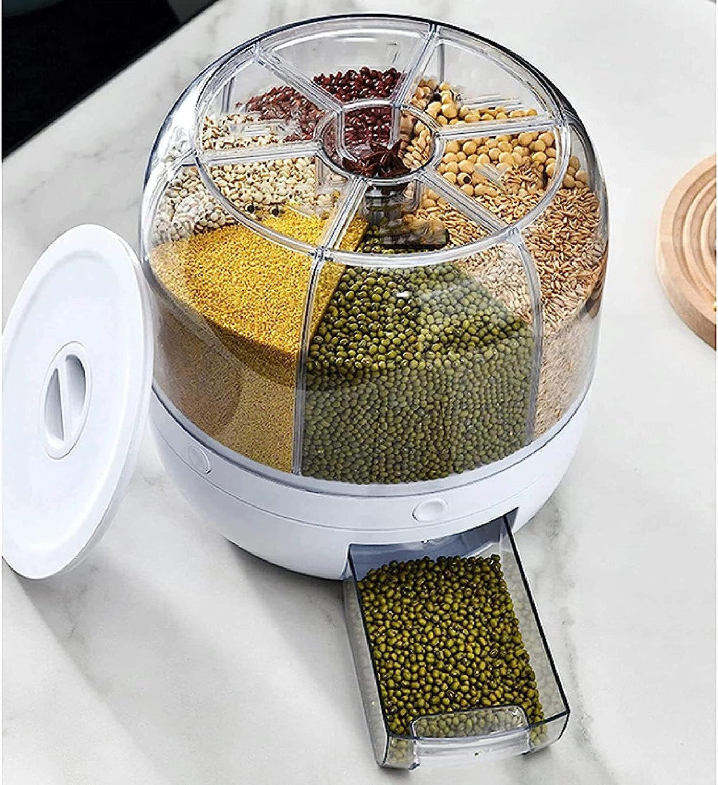 Cereal Rice Bucket Dispenser 6 Grid 360° Rotating Waterproof And Moisture-Proof Rice Storage Box For Kitchen, White
