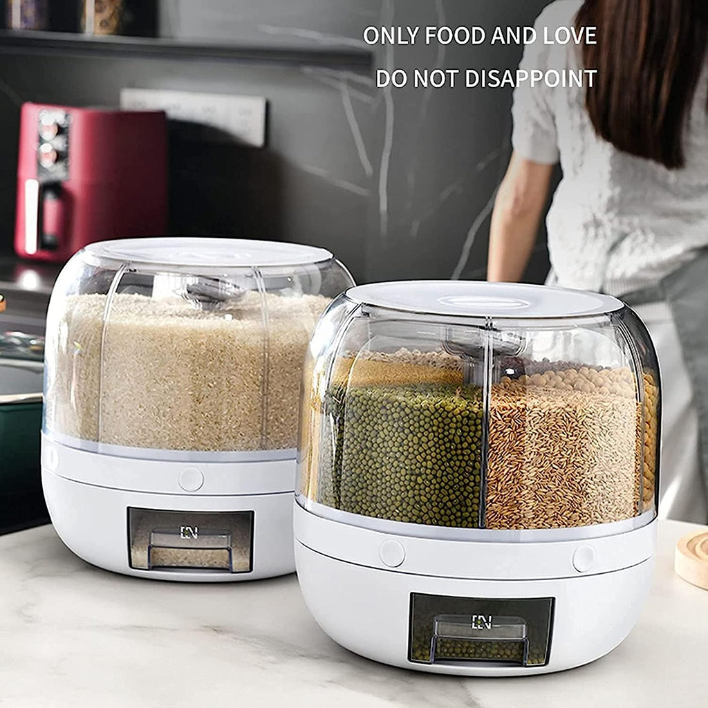 Cereal Rice Bucket Dispenser 6 Grid 360° Rotating Waterproof And Moisture-Proof Rice Storage Box For Kitchen, White