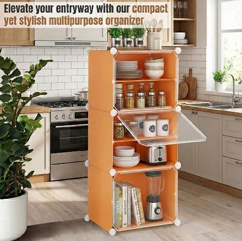 6-Tier Modular Multipurpose Organizer Cabinet with Transparent Doors – Versatile Plastic Cube Storage Rack for Kitchen Pantry, Entryway, and Books