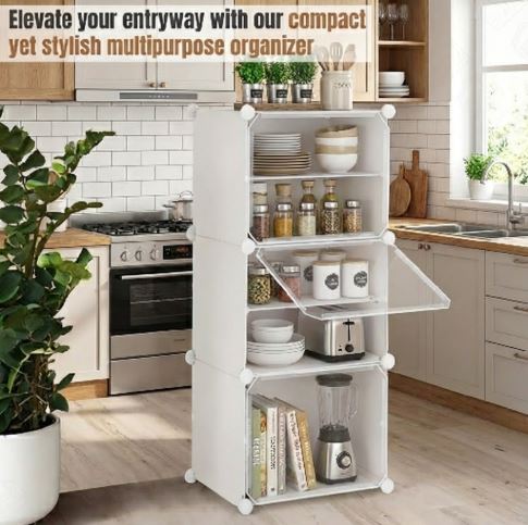 6-Tier Modular Multipurpose Organizer Cabinet with Transparent Doors – Versatile Plastic Cube Storage Rack for Kitchen Pantry, Entryway, and Books
