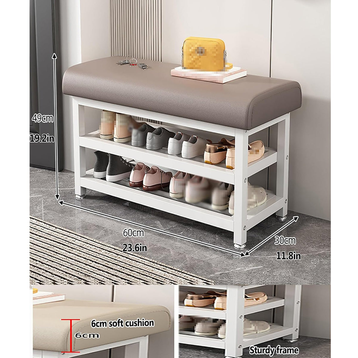 Shoe Bench Organizer with Cushion - 2 Tier Steel Shoe Rack Storage Bench