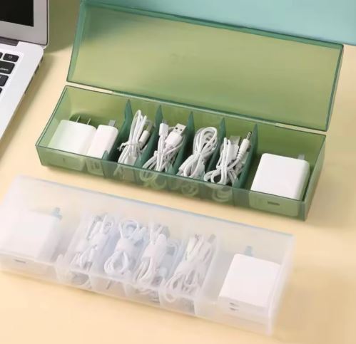 6 Compartment Data Cable Storage Box, Dustproof Desktop Organizer For Office Home, Transparent Data Cable Organizer With Lid