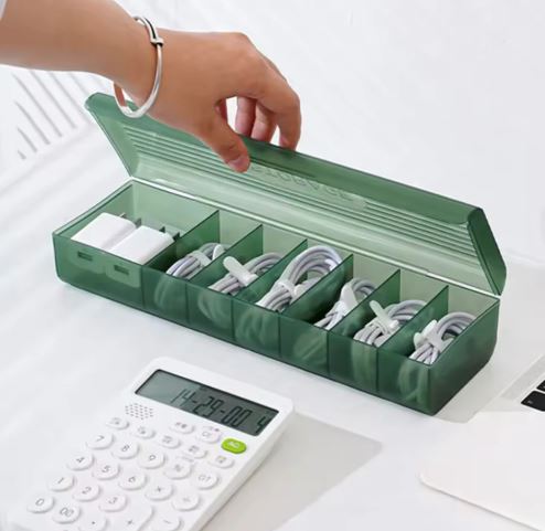 6 Compartment Data Cable Storage Box, Dustproof Desktop Organizer For Office Home, Transparent Data Cable Organizer With Lid