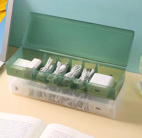 6 Compartment Data Cable Storage Box, Dustproof Desktop Organizer For Office Home, Transparent Data Cable Organizer With Lid