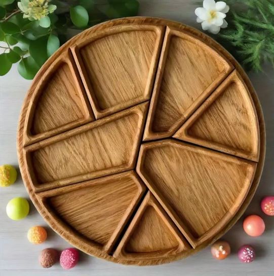 8-Compartment Wooden Serving Tray - Party Serving Tray | Elegant Serving Tray | Natural Wood Finish, Fruit Trays for Serving