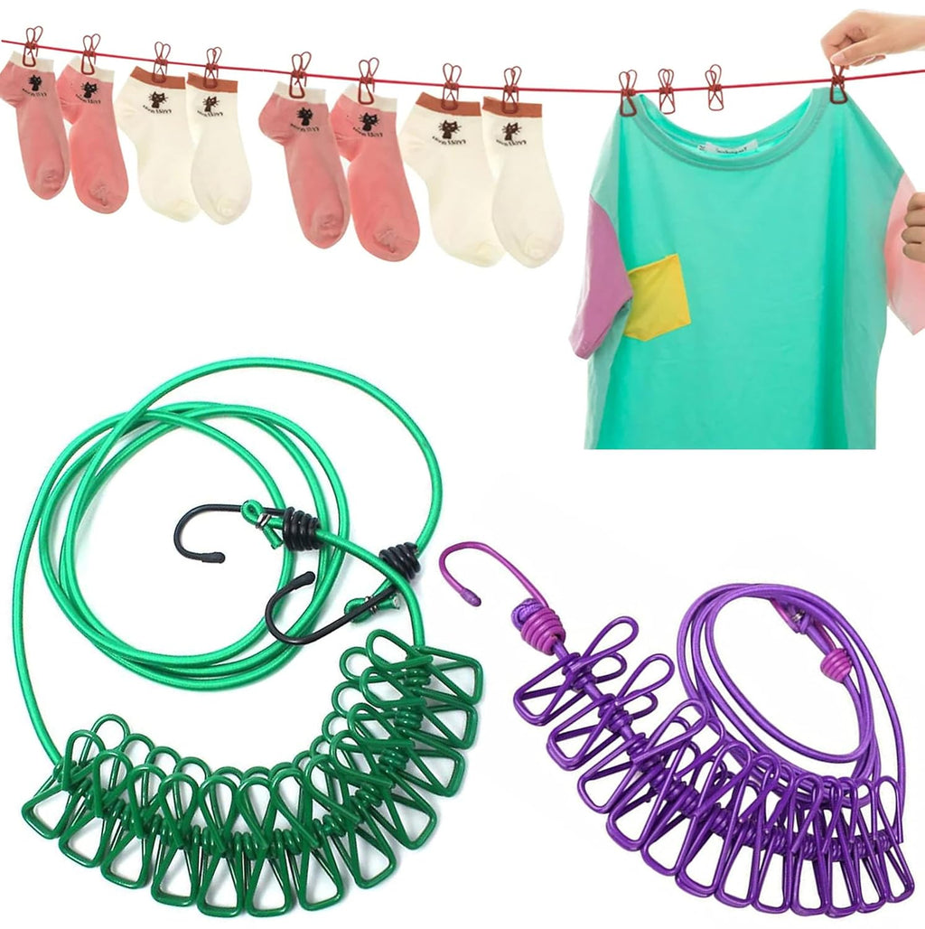 Stretchable Clothes line with 12 Clips Drying Clothesline Hanger Steel Rope
