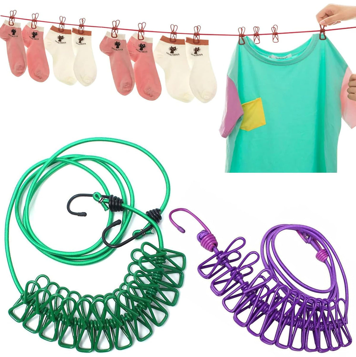 Stretchable Clothes line with 12 Clips Drying Clothesline Hanger Steel Rope