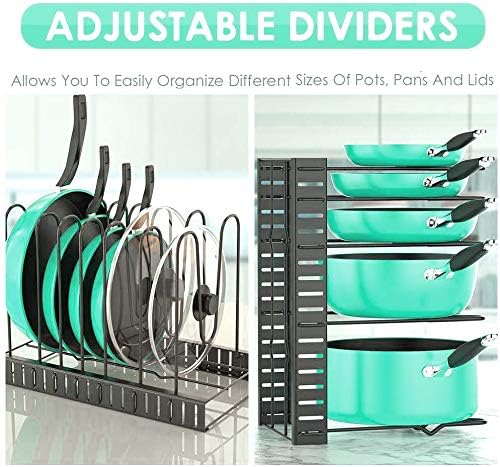Pot Rack Kitchen Organizers 8 Tiers Pots Lids and Pans Organizer, Adjustable Large Capacity Pot Holders Non-Slip U Shape Groove Pot Stand for Counter and Cabinet with 3 DIY Mode