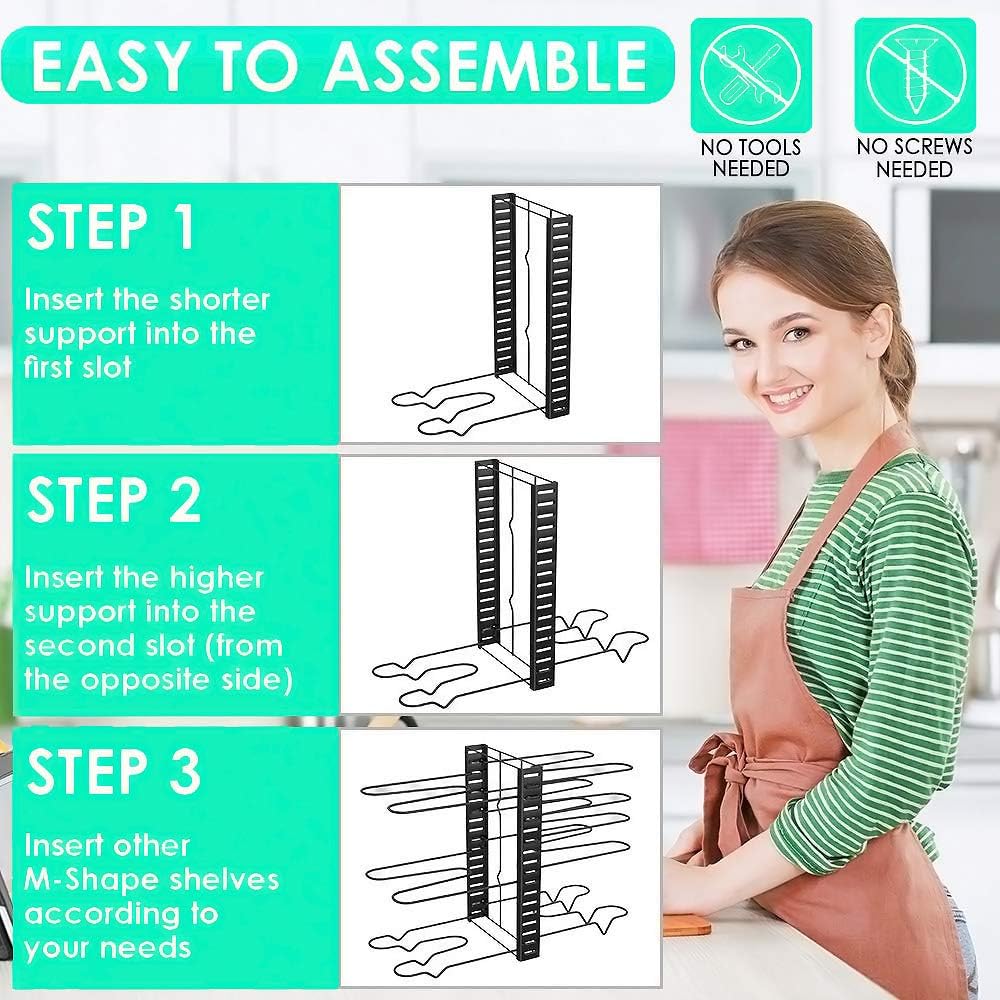Pot Rack Kitchen Organizers 8 Tiers Pots Lids and Pans Organizer, Adjustable Large Capacity Pot Holders Non-Slip U Shape Groove Pot Stand for Counter and Cabinet with 3 DIY Mode