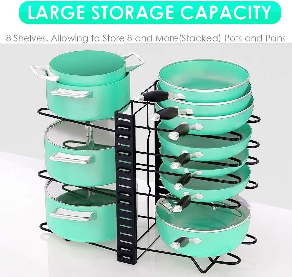 Pot Rack Kitchen Organizers 8 Tiers Pots Lids and Pans Organizer, Adjustable Large Capacity Pot Holders Non-Slip U Shape Groove Pot Stand for Counter and Cabinet with 3 DIY Mode