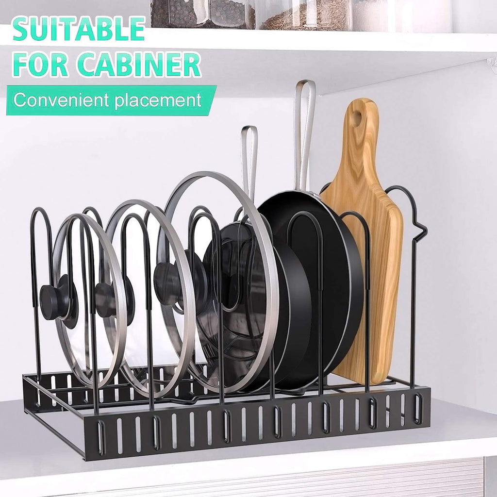 Pot Rack Kitchen Organizers 8 Tiers Pots Lids and Pans Organizer, Adjustable Large Capacity Pot Holders Non-Slip U Shape Groove Pot Stand for Counter and Cabinet with 3 DIY Mode