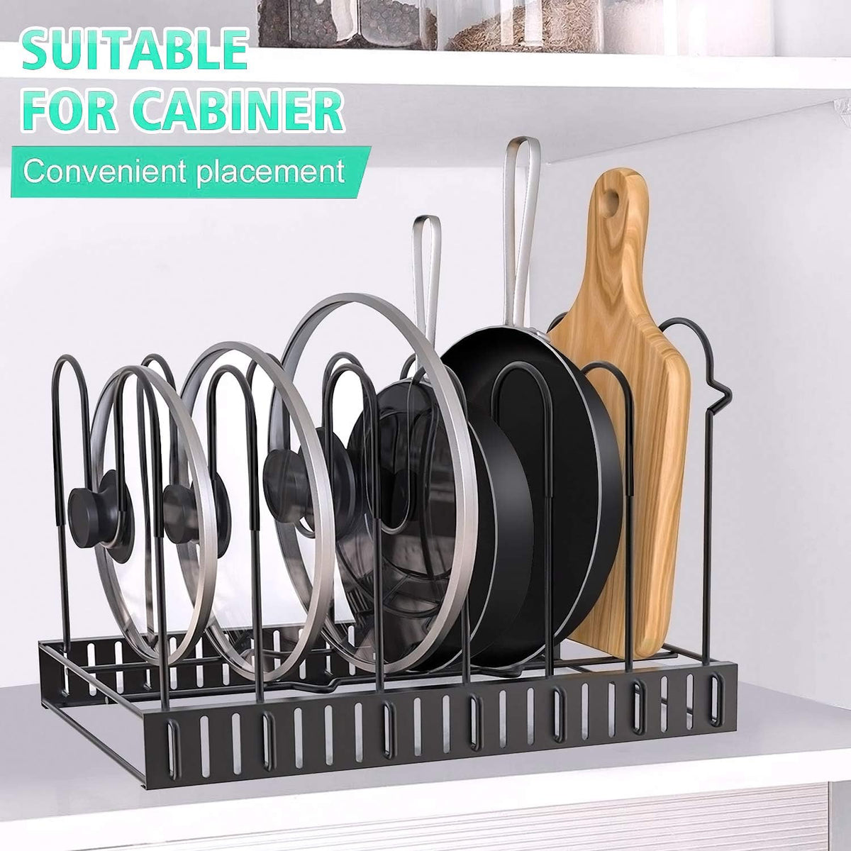 Pot Rack Kitchen Organizers 8 Tiers Pots Lids and Pans Organizer, Adjustable Large Capacity Pot Holders Non-Slip U Shape Groove Pot Stand for Counter and Cabinet with 3 DIY Mode