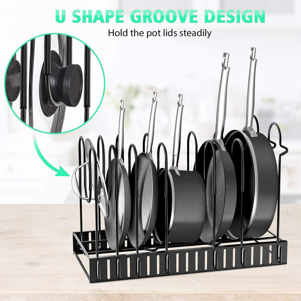 Pot Rack Kitchen Organizers 8 Tiers Pots Lids and Pans Organizer, Adjustable Large Capacity Pot Holders Non-Slip U Shape Groove Pot Stand for Counter and Cabinet with 3 DIY Mode