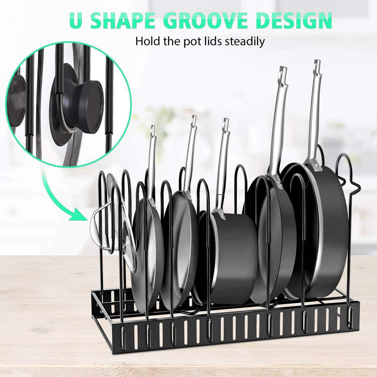 Pot Rack Kitchen Organizers 8 Tiers Pots Lids and Pans Organizer, Adjustable Large Capacity Pot Holders Non-Slip U Shape Groove Pot Stand for Counter and Cabinet with 3 DIY Mode