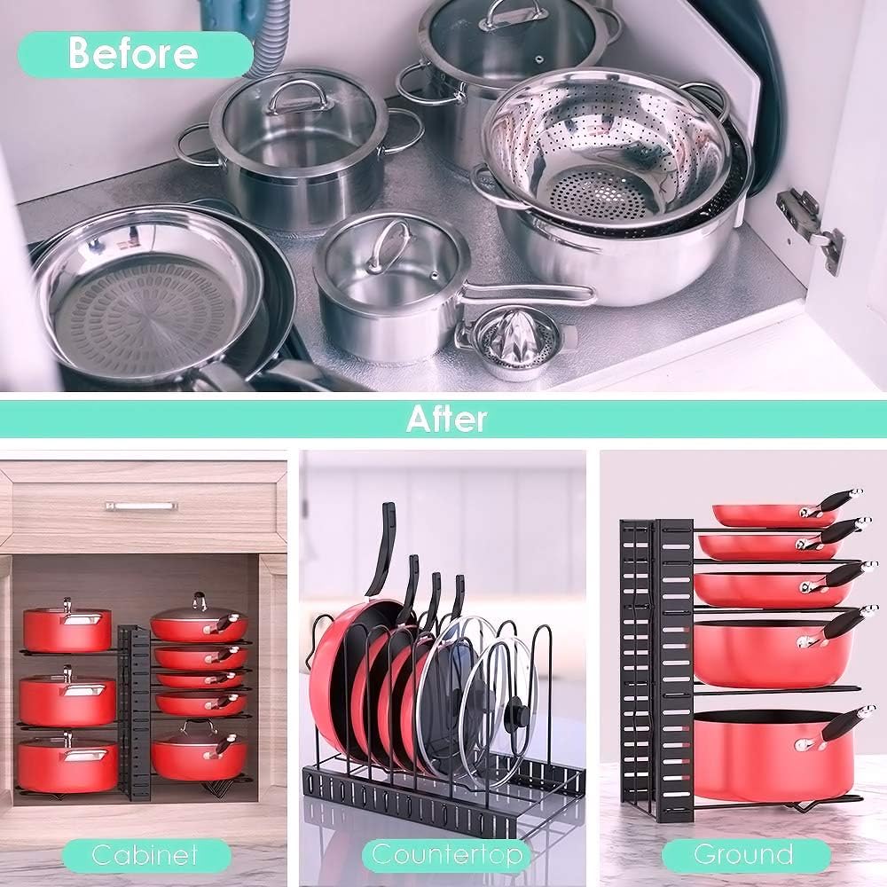 Pot Rack Kitchen Organizers 8 Tiers Pots Lids and Pans Organizer, Adjustable Large Capacity Pot Holders Non-Slip U Shape Groove Pot Stand for Counter and Cabinet with 3 DIY Mode