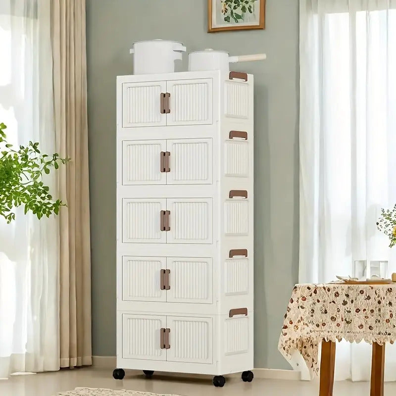 Stackable Storage Bins with Lids, 5 Tier Plastic Storage Cabinets Closet Organizers with Doors, Folding Storage Boxes for Home Kitchen Dorm