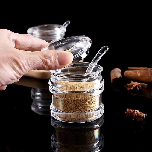 Multifunctional Clear Acrylic Spice Jar Dustproof with Spoon Sugar Bowl Non-slip Spice Box