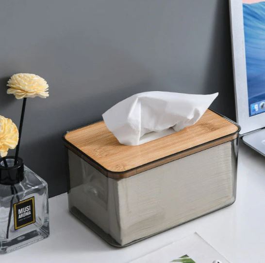 Tinted Acrylic Tissue Box with Wooden Top - Home Organizer