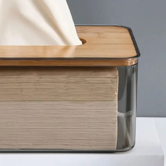 Tinted Acrylic Tissue Box with Wooden Top - Home Organizer