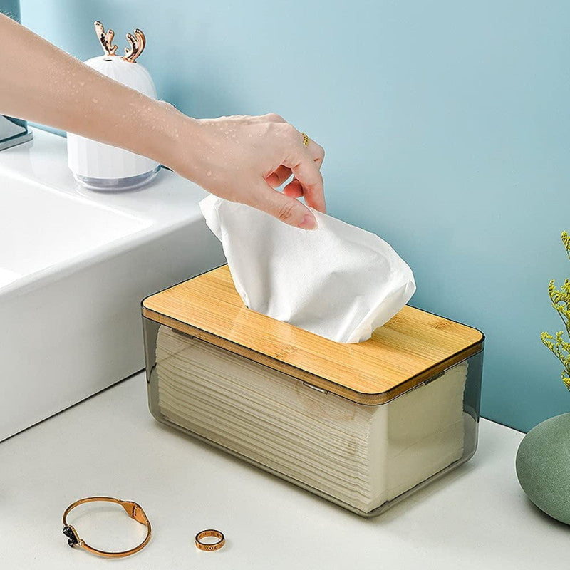 Tinted Acrylic Tissue Box with Wooden Top - Home Organizer
