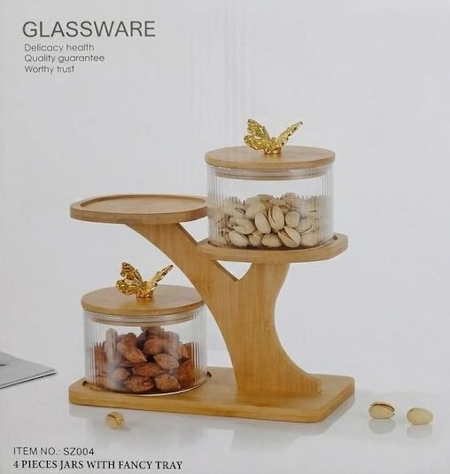 Butterfly Top Clear High Borosilicate Glass Airtight Dryfruit Jar Set with Bamboo Tree Organizer