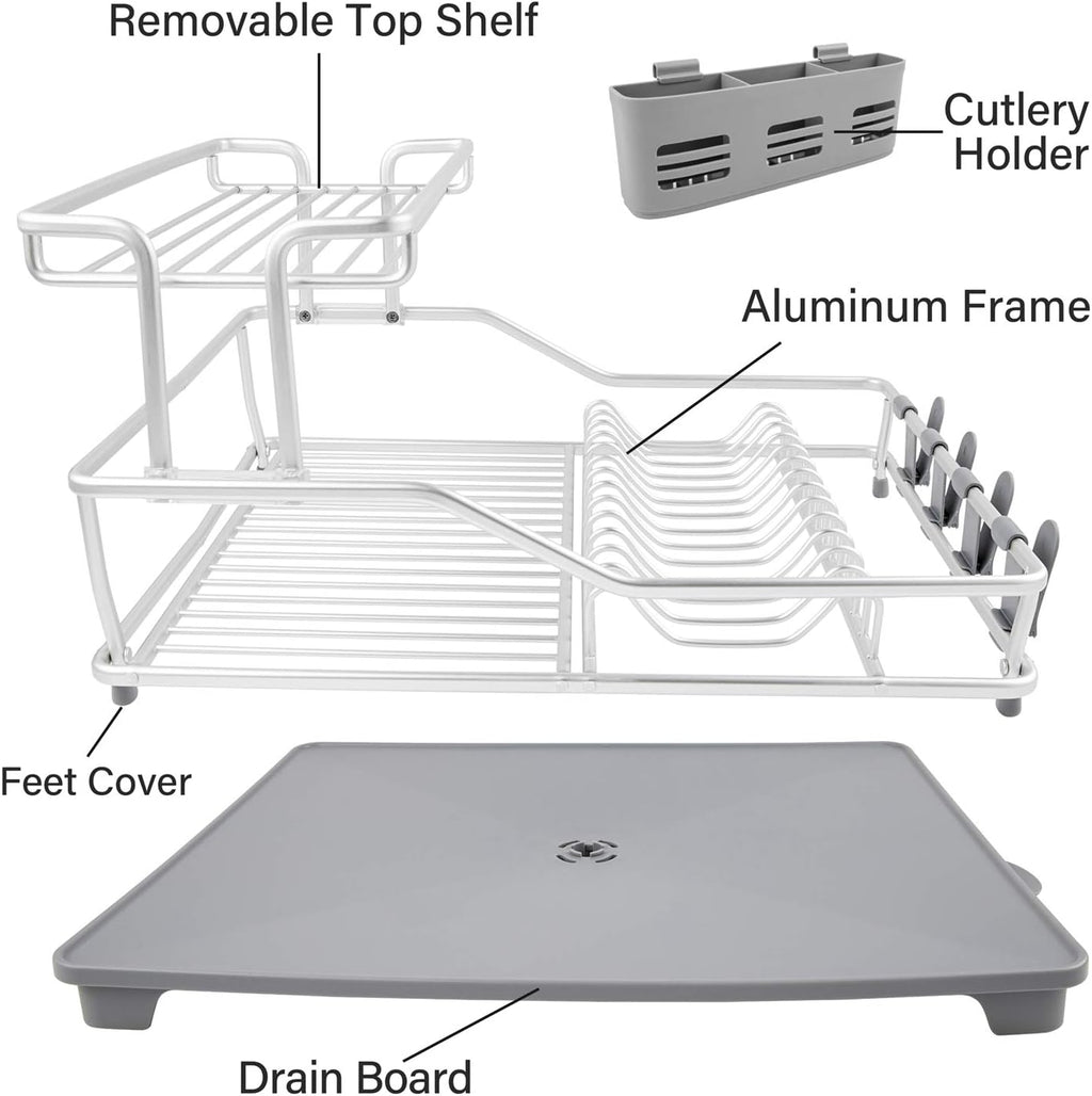 Aluminum 2 Tier Dish Rack with Removable Drainer Cutlery Holder & Cup Holder Dish Drainer Drying Rack for Kitchen