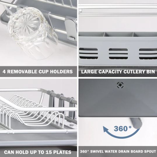 Aluminum Rustproof Dish Drying Rack with Drain Board Spout Tray and Utensil Holder