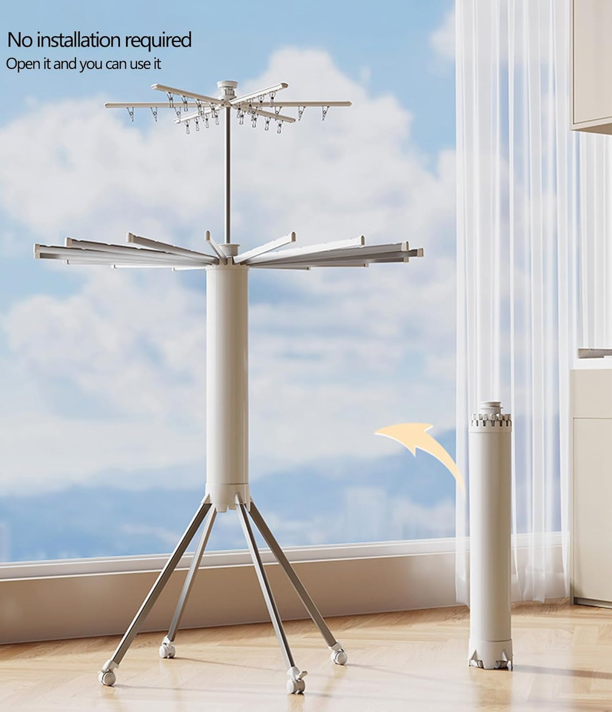Aluminum Tripod Clothes Drying Rack for Laundry, Clothes Drying Rack with 360° Rotating Wheel