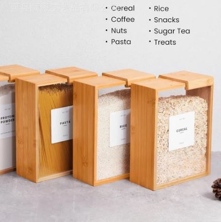 Bamboo Grain Storage Box Airtight Square Pantry Organizer for Rice, Cereal, Dry Goods