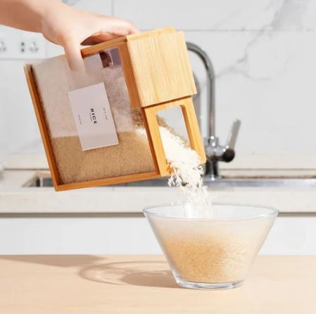 Bamboo Grain Storage Box Airtight Square Pantry Organizer for Rice, Cereal, Dry Goods