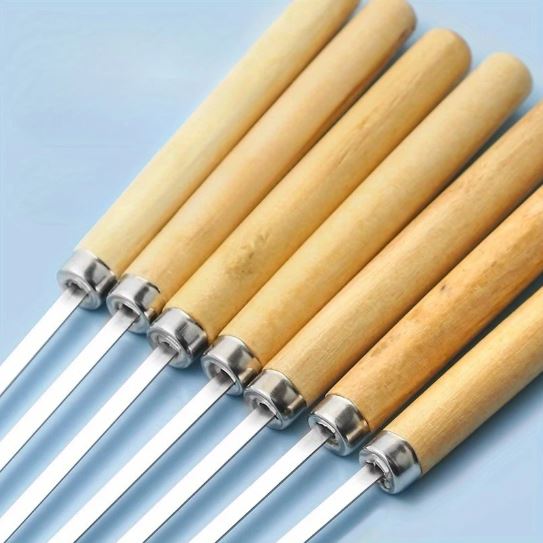 6pcs Stainless Steel BBQ Skewers with Wooden Handles - Heavy-Duty Rust-Resistant Round Metal Barbecue Skewers