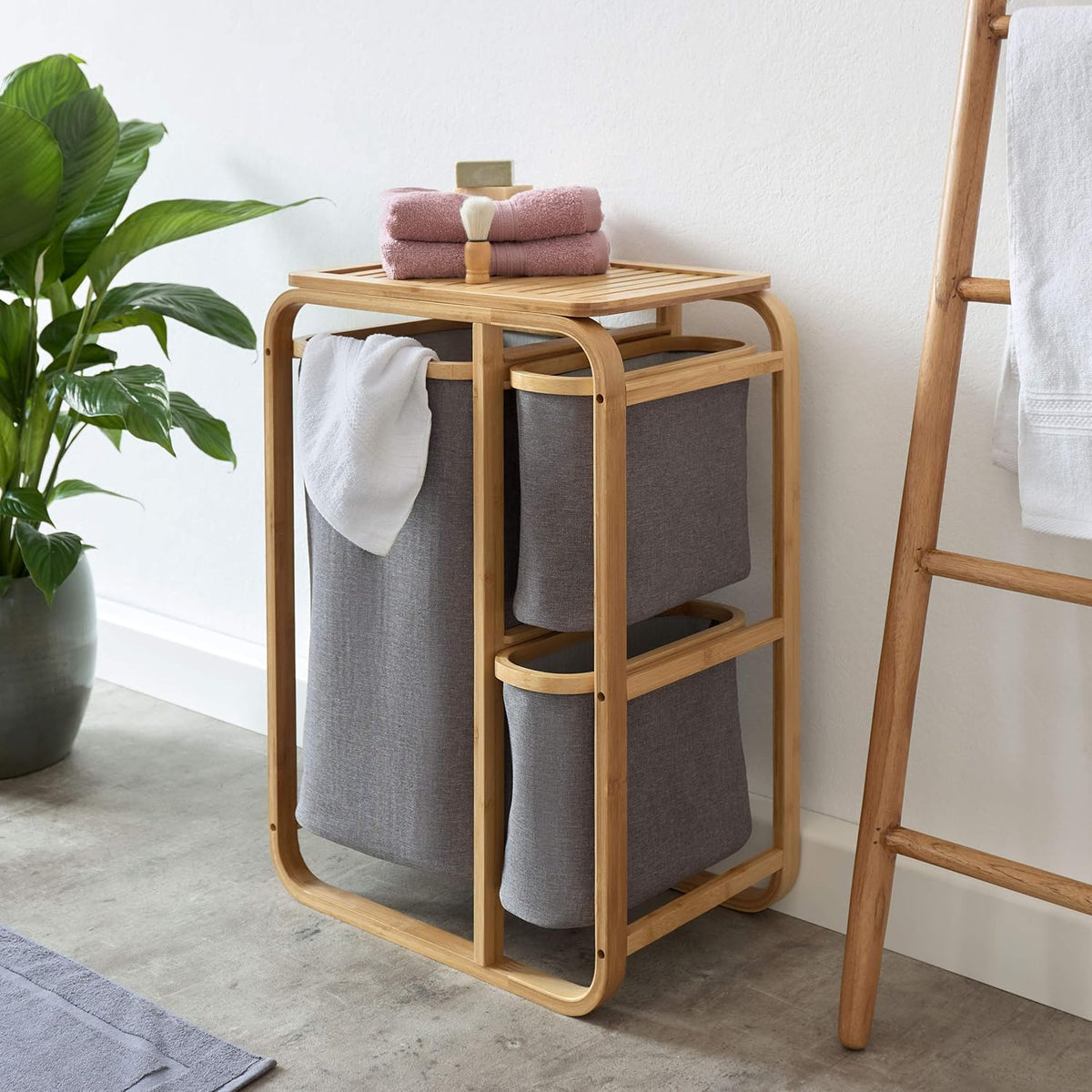 Bamboo Bathroom Cabinet with Laundry Baskets - Laundry Shelf with 1 XL Basket and 2 Compact Baskets
