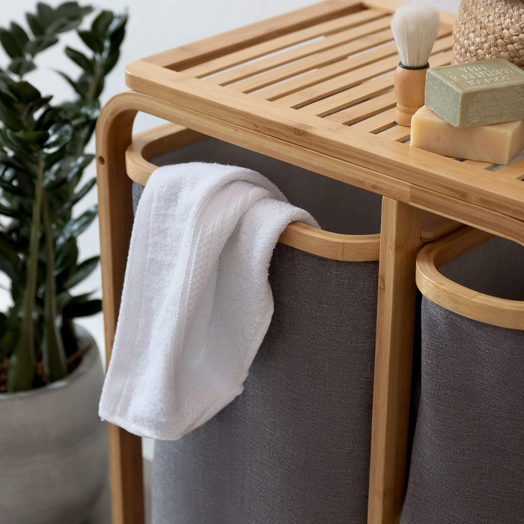 Bamboo Bathroom Cabinet with Laundry Baskets - Laundry Shelf with 1 XL Basket and 2 Compact Baskets