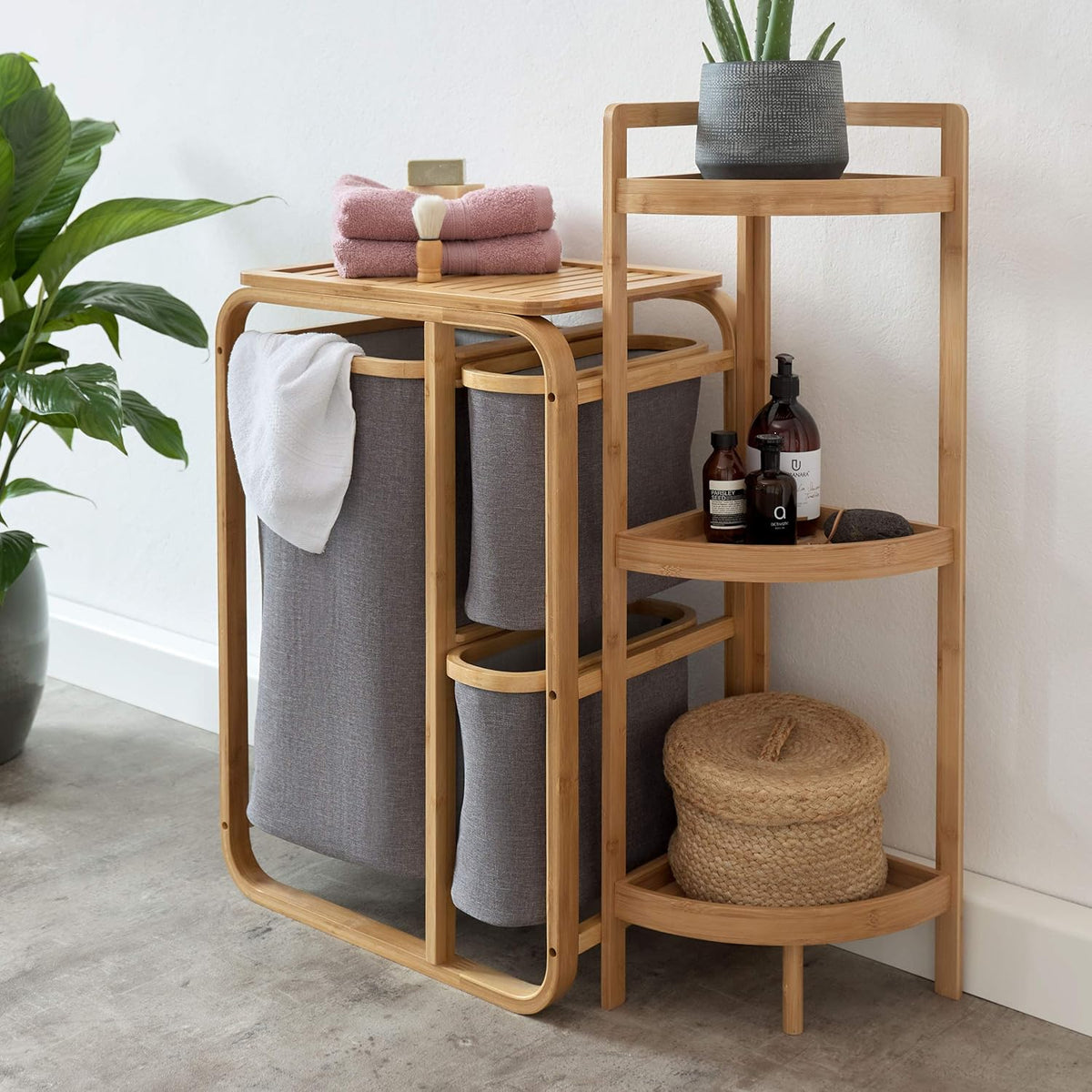 Bamboo Bathroom Cabinet with Laundry Baskets - Laundry Shelf with 1 XL Basket and 2 Compact Baskets