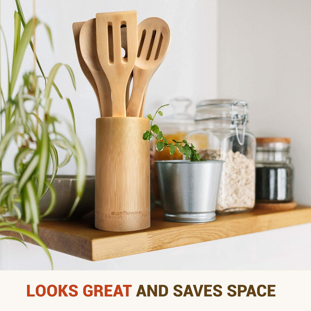 Bamboo Kitchen Utensils, 7Pcs Cooking Utensils Set with Holder